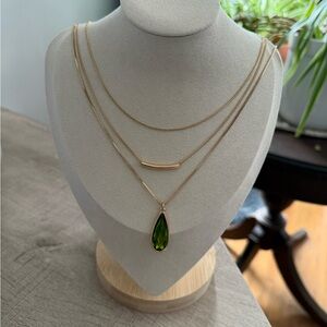 NWT Nine West Gold Multirow Necklace with Green Teardrop Pendant